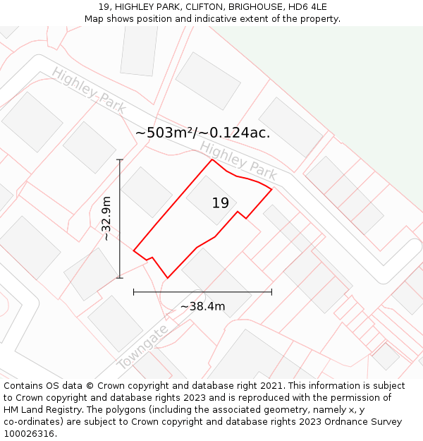 19, HIGHLEY PARK, CLIFTON, BRIGHOUSE, HD6 4LE: Plot and title map
