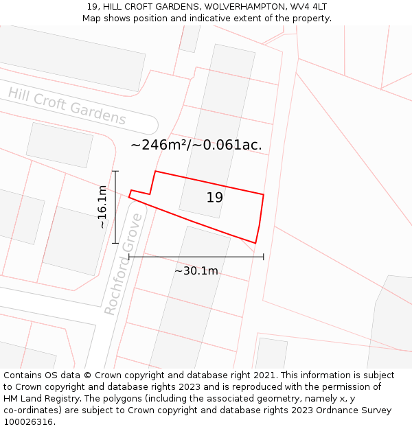 19, HILL CROFT GARDENS, WOLVERHAMPTON, WV4 4LT: Plot and title map