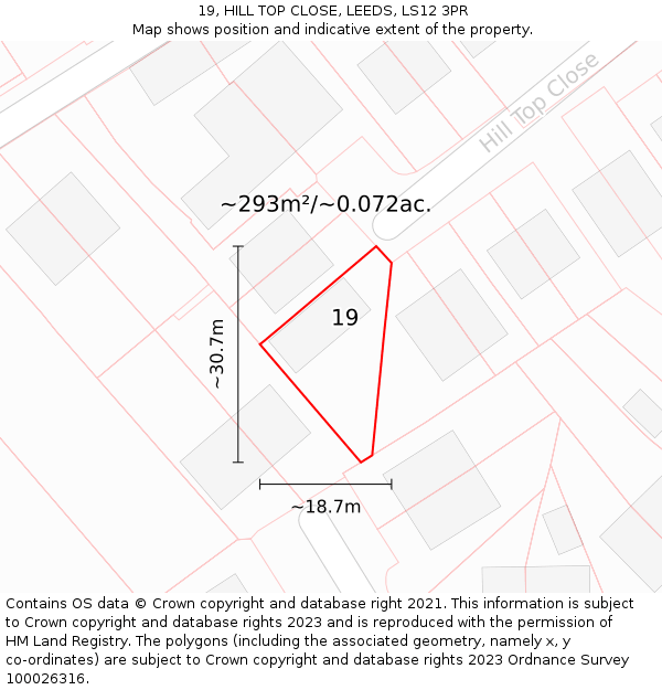 19, HILL TOP CLOSE, LEEDS, LS12 3PR: Plot and title map