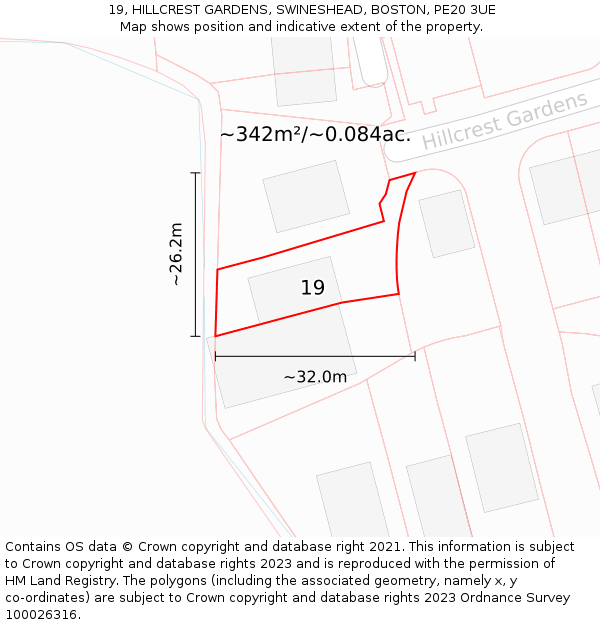 19, HILLCREST GARDENS, SWINESHEAD, BOSTON, PE20 3UE: Plot and title map
