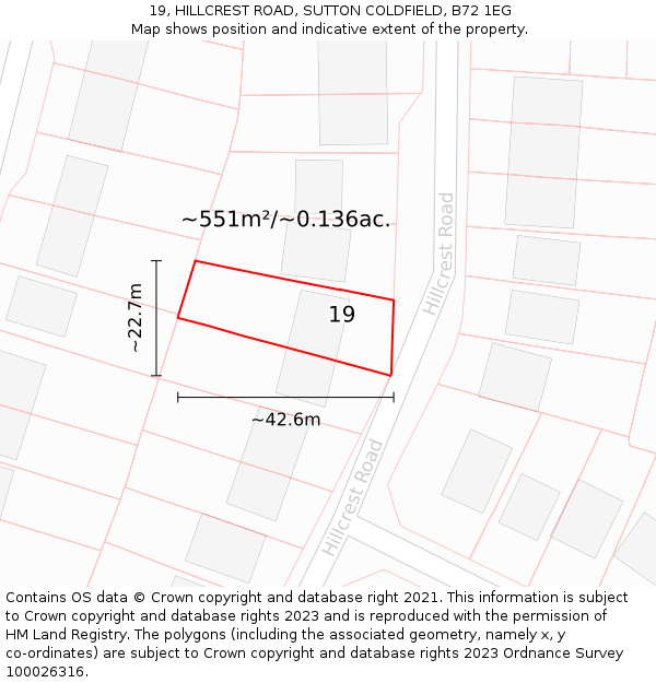 19, HILLCREST ROAD, SUTTON COLDFIELD, B72 1EG: Plot and title map