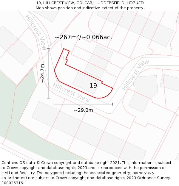 19, HILLCREST VIEW, GOLCAR, HUDDERSFIELD, HD7 4FD: Plot and title map