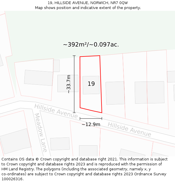 19, HILLSIDE AVENUE, NORWICH, NR7 0QW: Plot and title map