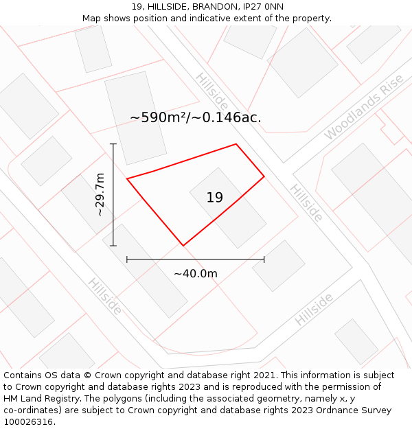 19, HILLSIDE, BRANDON, IP27 0NN: Plot and title map