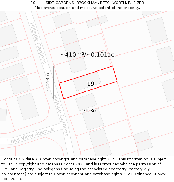 19, HILLSIDE GARDENS, BROCKHAM, BETCHWORTH, RH3 7ER: Plot and title map