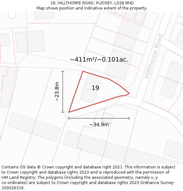 19, HILLTHORPE ROAD, PUDSEY, LS28 8ND: Plot and title map