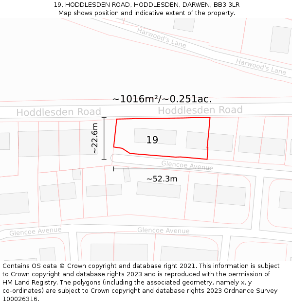 19, HODDLESDEN ROAD, HODDLESDEN, DARWEN, BB3 3LR: Plot and title map