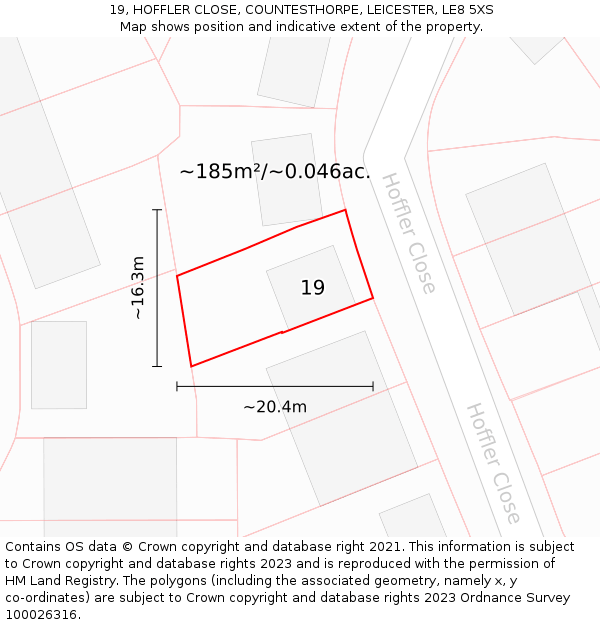 19, HOFFLER CLOSE, COUNTESTHORPE, LEICESTER, LE8 5XS: Plot and title map