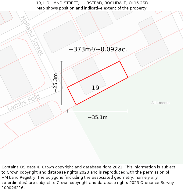 19, HOLLAND STREET, HURSTEAD, ROCHDALE, OL16 2SD: Plot and title map