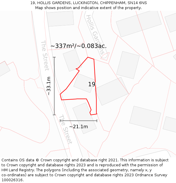 19, HOLLIS GARDENS, LUCKINGTON, CHIPPENHAM, SN14 6NS: Plot and title map