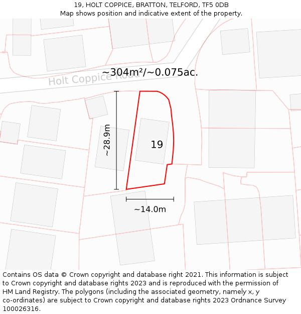 19, HOLT COPPICE, BRATTON, TELFORD, TF5 0DB: Plot and title map