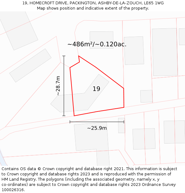 19, HOMECROFT DRIVE, PACKINGTON, ASHBY-DE-LA-ZOUCH, LE65 1WG: Plot and title map