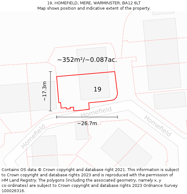 19, HOMEFIELD, MERE, WARMINSTER, BA12 6LT: Plot and title map