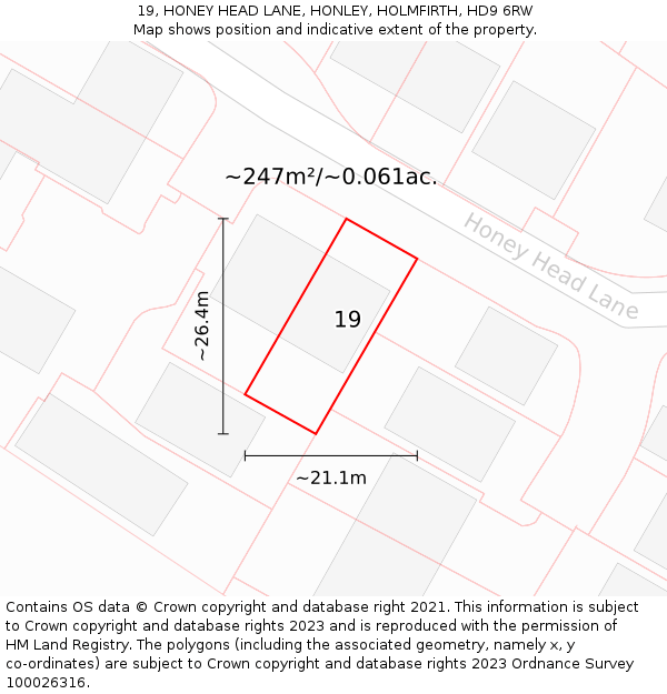 19, HONEY HEAD LANE, HONLEY, HOLMFIRTH, HD9 6RW: Plot and title map