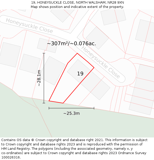 19, HONEYSUCKLE CLOSE, NORTH WALSHAM, NR28 9XN: Plot and title map