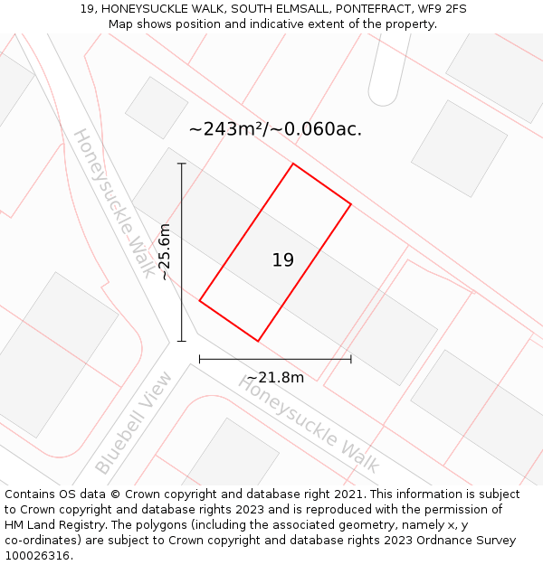 19, HONEYSUCKLE WALK, SOUTH ELMSALL, PONTEFRACT, WF9 2FS: Plot and title map