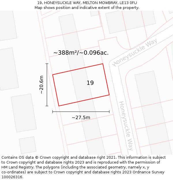19, HONEYSUCKLE WAY, MELTON MOWBRAY, LE13 0FU: Plot and title map