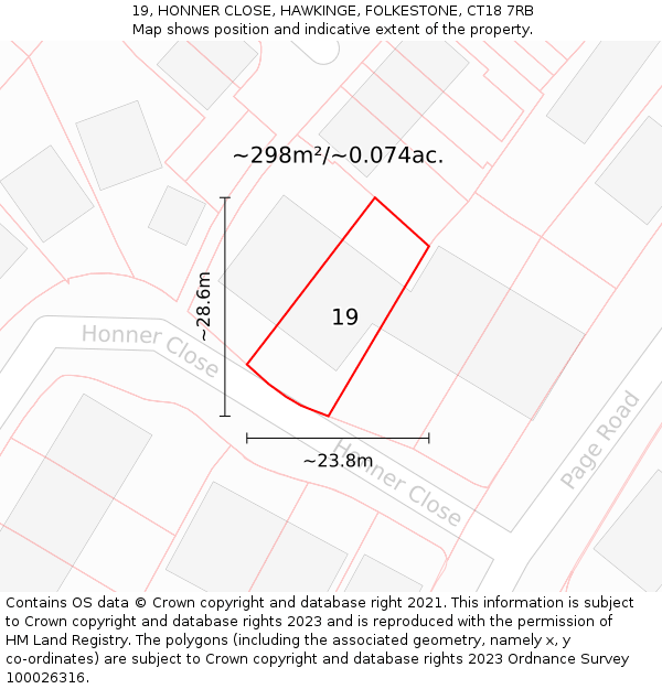 19, HONNER CLOSE, HAWKINGE, FOLKESTONE, CT18 7RB: Plot and title map