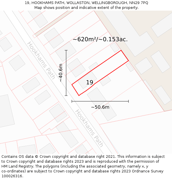 19, HOOKHAMS PATH, WOLLASTON, WELLINGBOROUGH, NN29 7PQ: Plot and title map