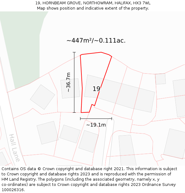 19, HORNBEAM GROVE, NORTHOWRAM, HALIFAX, HX3 7WL: Plot and title map