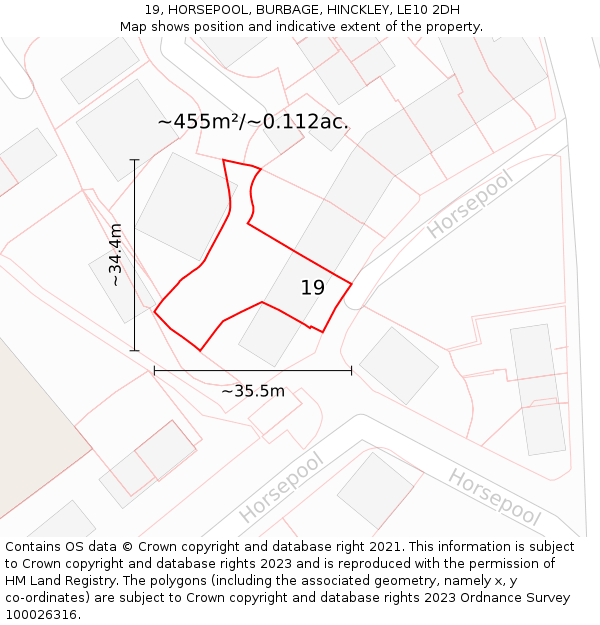 19, HORSEPOOL, BURBAGE, HINCKLEY, LE10 2DH: Plot and title map
