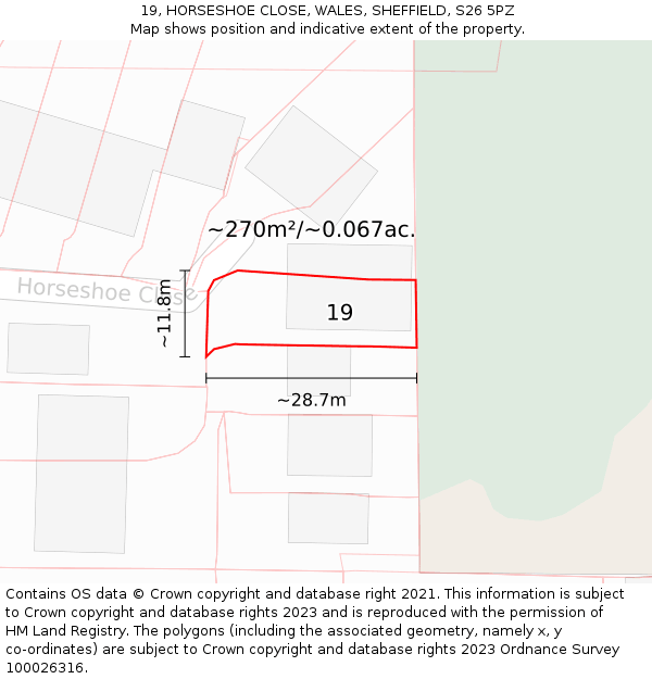 19, HORSESHOE CLOSE, WALES, SHEFFIELD, S26 5PZ: Plot and title map