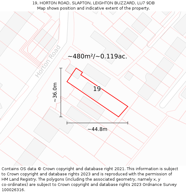 19, HORTON ROAD, SLAPTON, LEIGHTON BUZZARD, LU7 9DB: Plot and title map