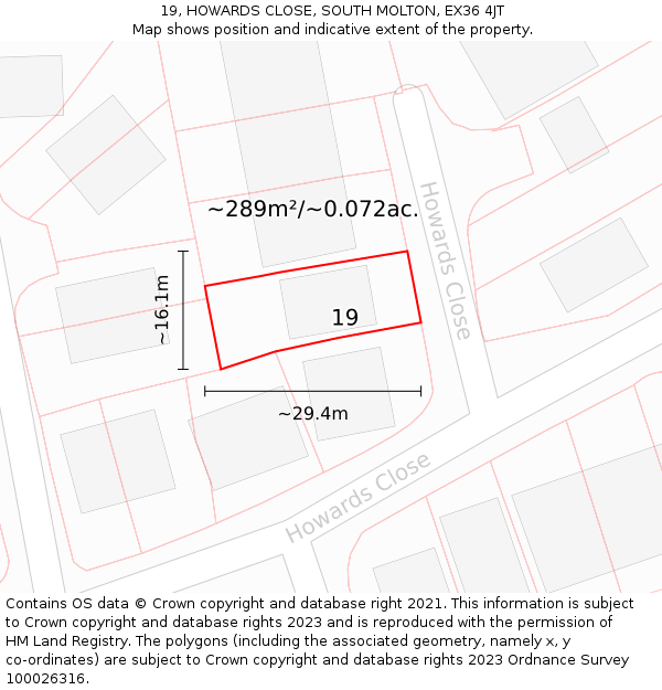 19, HOWARDS CLOSE, SOUTH MOLTON, EX36 4JT: Plot and title map