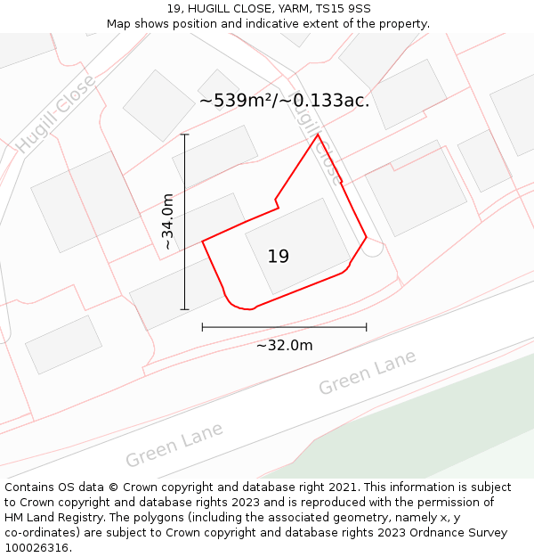 19, HUGILL CLOSE, YARM, TS15 9SS: Plot and title map