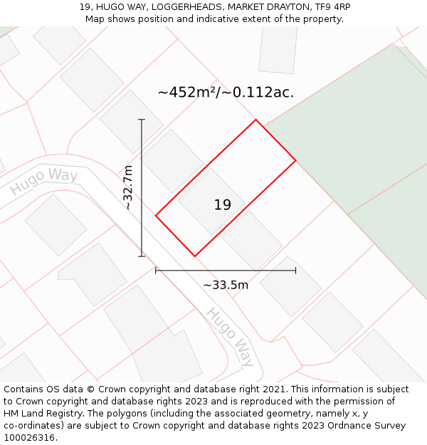 19, HUGO WAY, LOGGERHEADS, MARKET DRAYTON, TF9 4RP: Plot and title map