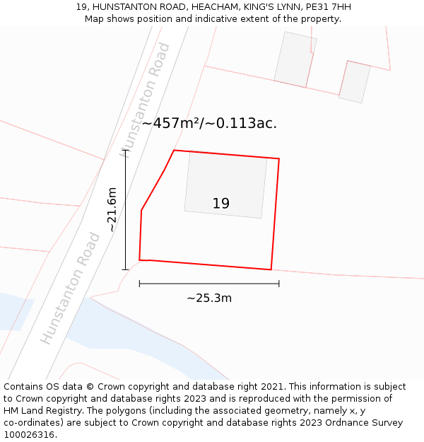 19, HUNSTANTON ROAD, HEACHAM, KING'S LYNN, PE31 7HH: Plot and title map