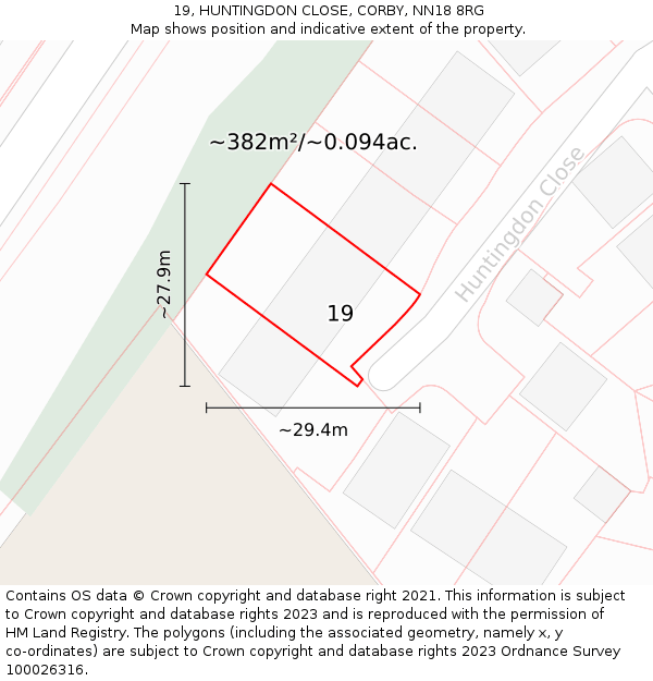 19, HUNTINGDON CLOSE, CORBY, NN18 8RG: Plot and title map