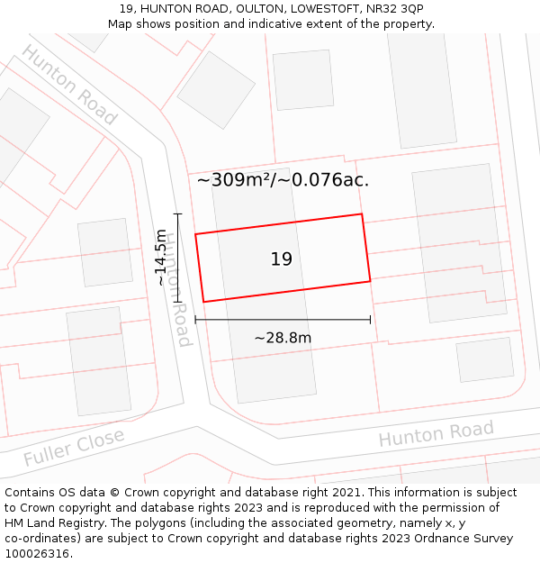 19, HUNTON ROAD, OULTON, LOWESTOFT, NR32 3QP: Plot and title map