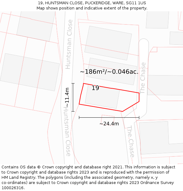 19, HUNTSMAN CLOSE, PUCKERIDGE, WARE, SG11 1US: Plot and title map
