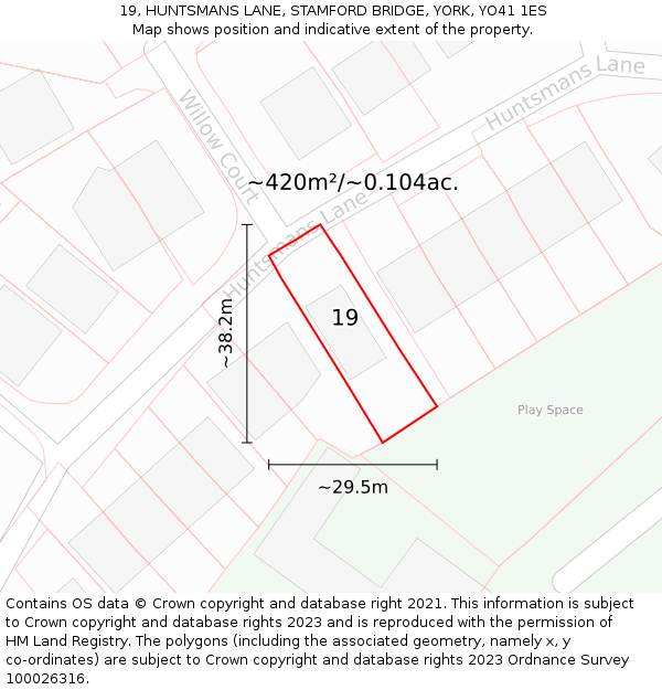 19, HUNTSMANS LANE, STAMFORD BRIDGE, YORK, YO41 1ES: Plot and title map