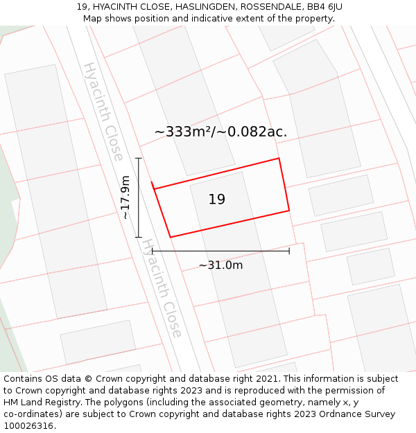19, HYACINTH CLOSE, HASLINGDEN, ROSSENDALE, BB4 6JU: Plot and title map