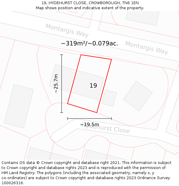 19, HYDEHURST CLOSE, CROWBOROUGH, TN6 1EN: Plot and title map