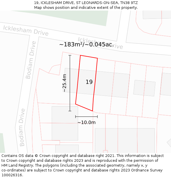 19, ICKLESHAM DRIVE, ST LEONARDS-ON-SEA, TN38 9TZ: Plot and title map