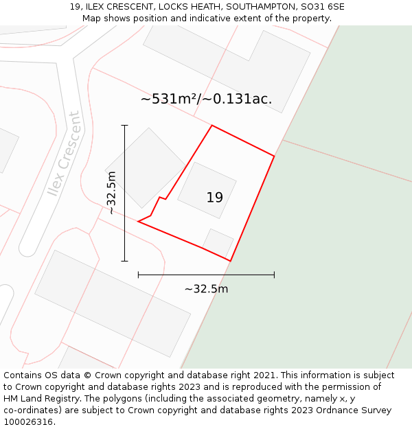 19, ILEX CRESCENT, LOCKS HEATH, SOUTHAMPTON, SO31 6SE: Plot and title map
