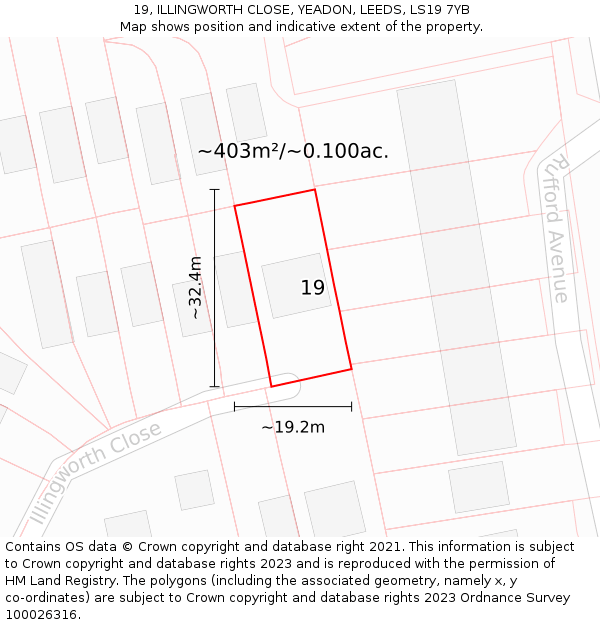 19, ILLINGWORTH CLOSE, YEADON, LEEDS, LS19 7YB: Plot and title map