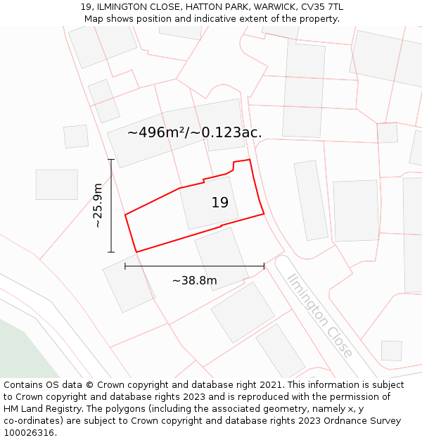19, ILMINGTON CLOSE, HATTON PARK, WARWICK, CV35 7TL: Plot and title map