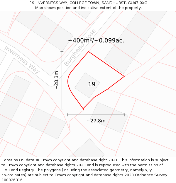 19, INVERNESS WAY, COLLEGE TOWN, SANDHURST, GU47 0XG: Plot and title map