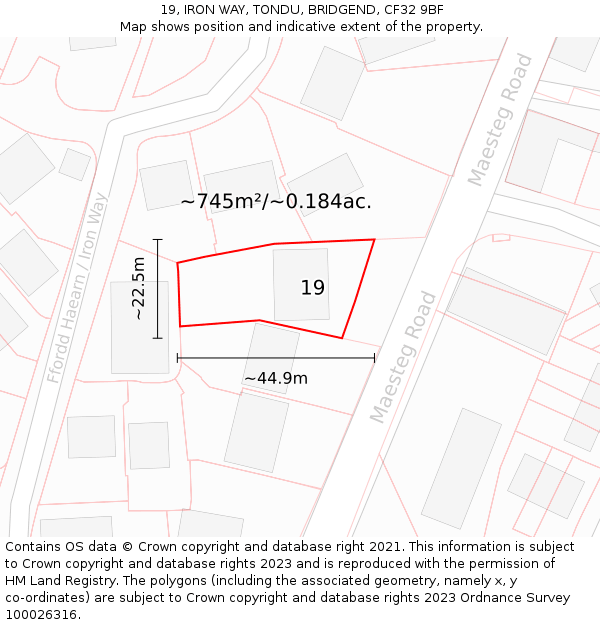 19, IRON WAY, TONDU, BRIDGEND, CF32 9BF: Plot and title map