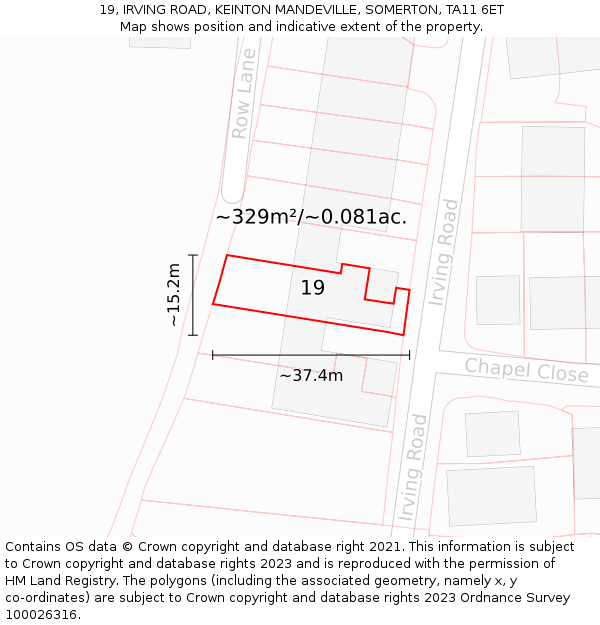 19, IRVING ROAD, KEINTON MANDEVILLE, SOMERTON, TA11 6ET: Plot and title map