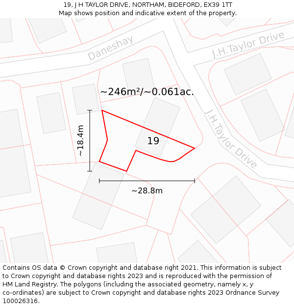 19, J H TAYLOR DRIVE, NORTHAM, BIDEFORD, EX39 1TT: Plot and title map