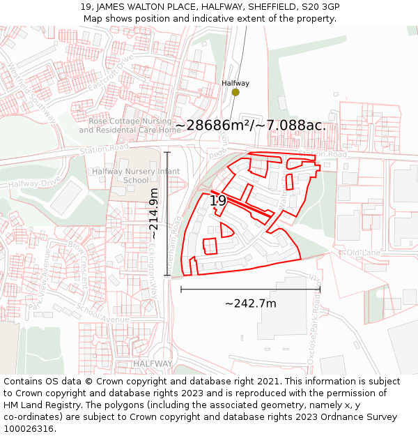 19, JAMES WALTON PLACE, HALFWAY, SHEFFIELD, S20 3GP: Plot and title map