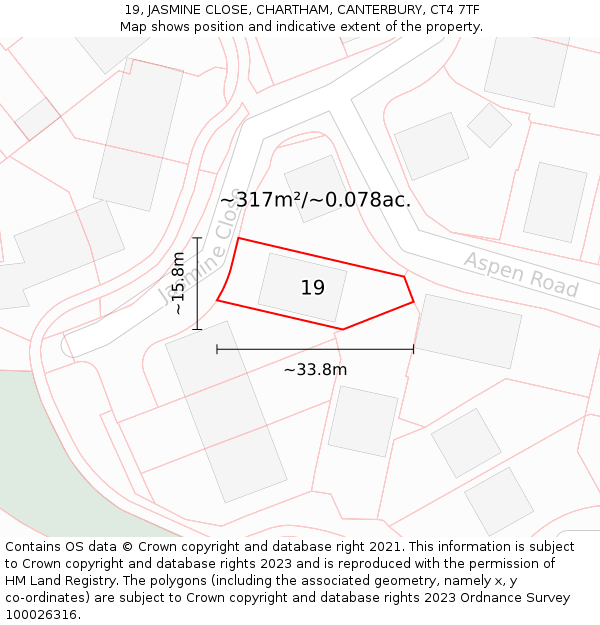 19, JASMINE CLOSE, CHARTHAM, CANTERBURY, CT4 7TF: Plot and title map