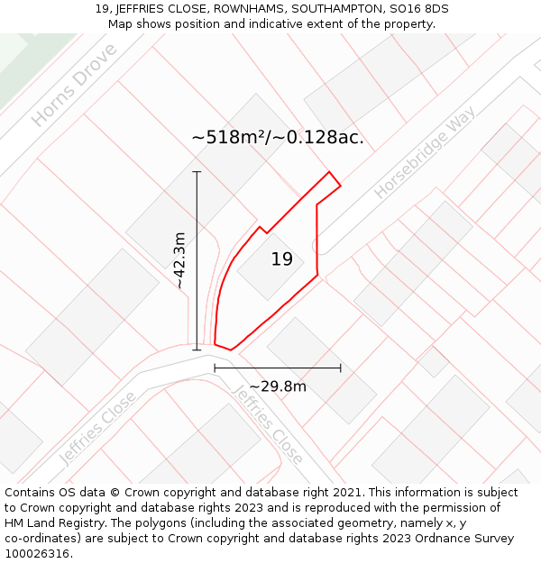19, JEFFRIES CLOSE, ROWNHAMS, SOUTHAMPTON, SO16 8DS: Plot and title map