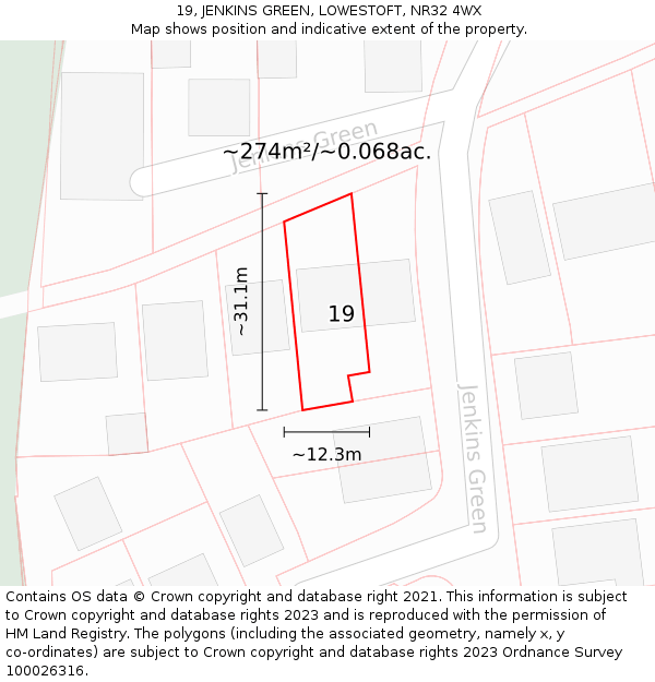 19, JENKINS GREEN, LOWESTOFT, NR32 4WX: Plot and title map