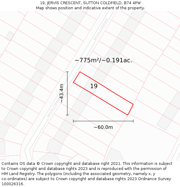 19, JERVIS CRESCENT, SUTTON COLDFIELD, B74 4PW: Plot and title map